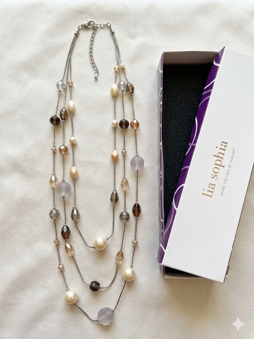 Lia Sophia Layered Pearl and Crystal Necklace in Cream, Taupe, and Gray